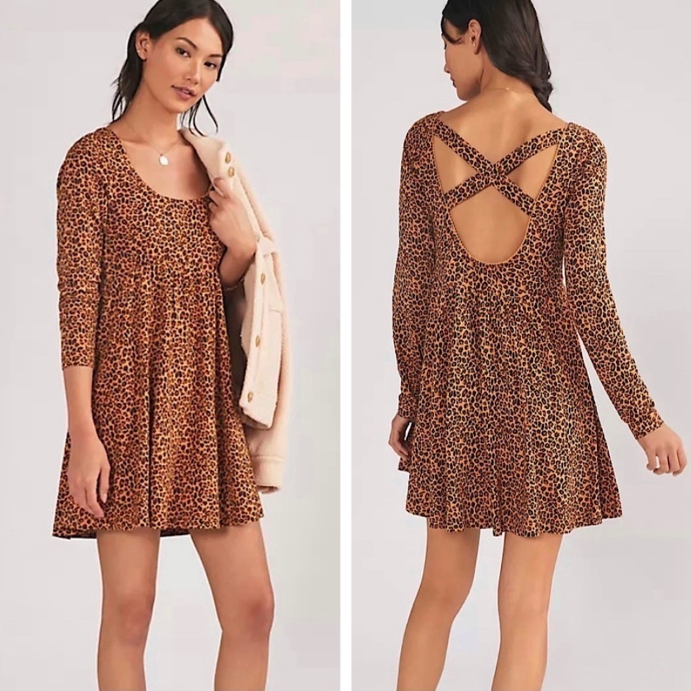 NWT Anthropologie Daily Practice Long Sleeve Square Neck Leopard Mini Dress XS